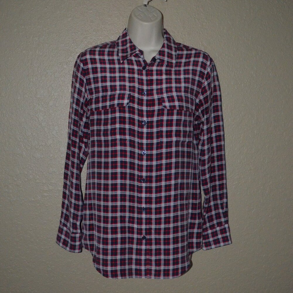 Sz XS Equipment Red White Blue Plaid Silk Long Sleeve Blouse